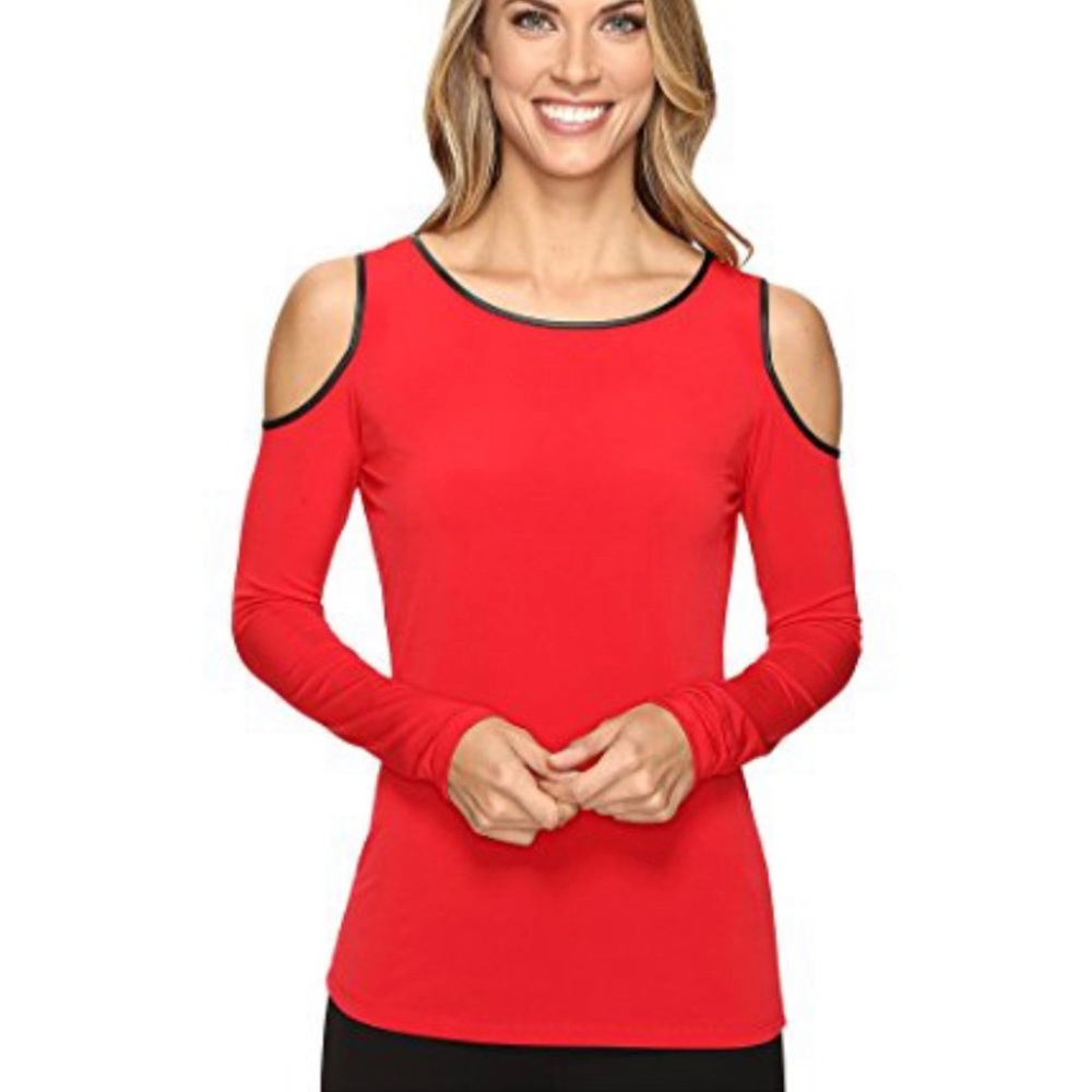Calvin Klein || Woman’s Cold Shoulder Blouse Red Black Trim L